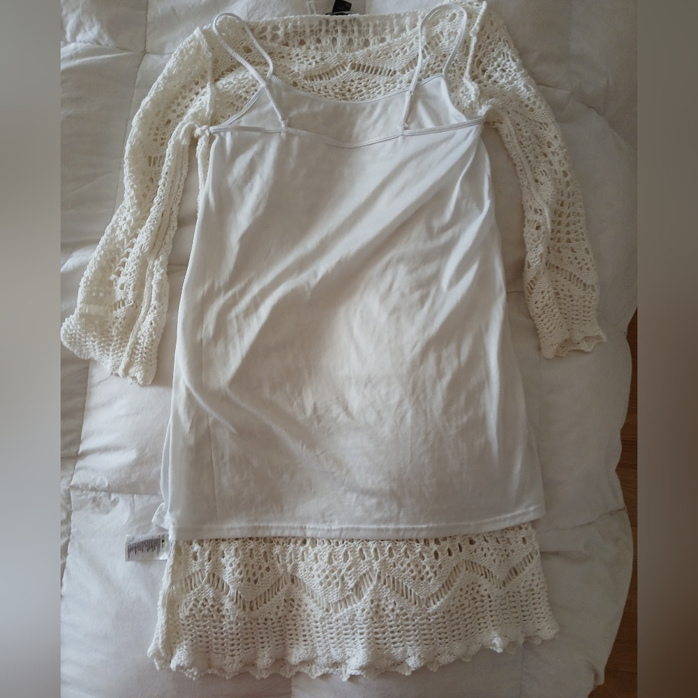 New-Crochet Poly Knit Boho Stretch-Slip Lined Cream/Off White Dress Oversized - Picture 7 of 11
